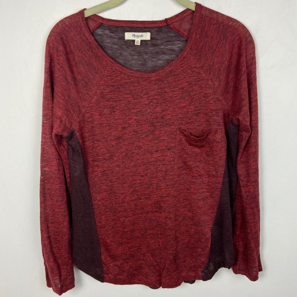 Madewell‎ 100% Linen Curveball Long Sleeve Tee Red Size XS Pocket Crew Neck Top - Picture 8 of 9